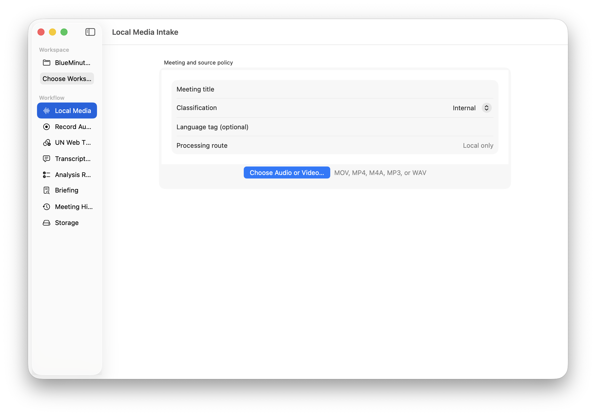BlueMinutes local media review workspace with transcript evidence and structured minutes