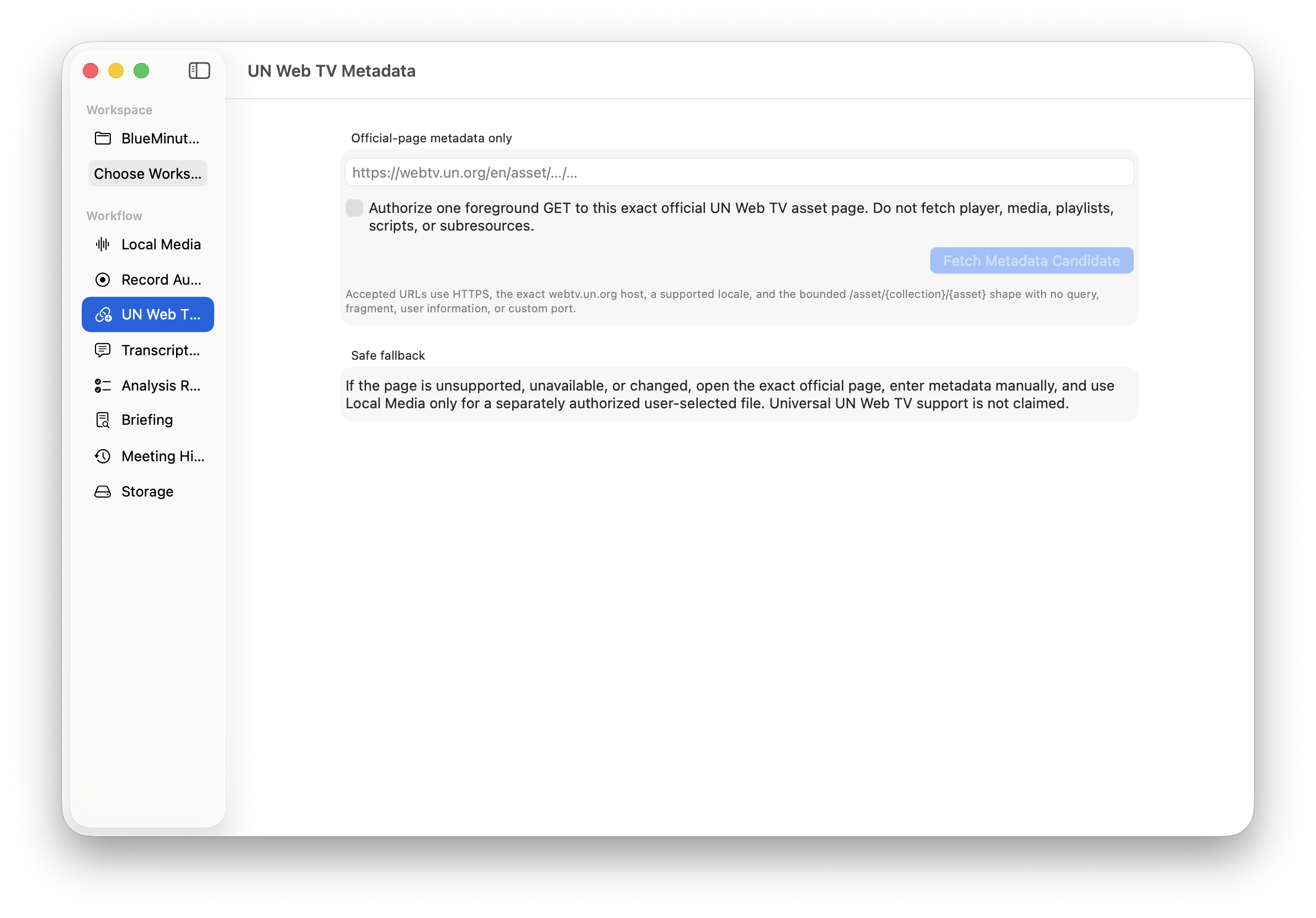 BlueMinutes public media review view showing source metadata